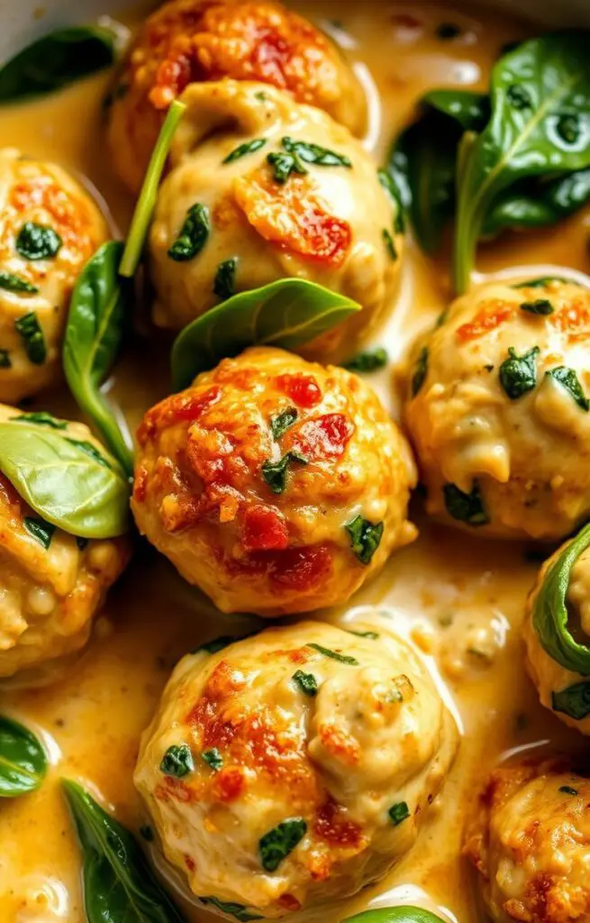 Baked chicken ricotta meatballs with spinach in creamy sauce