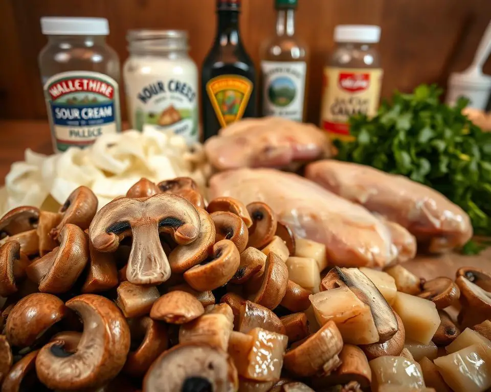 Essential ingredients for chicken mushroom stroganoff