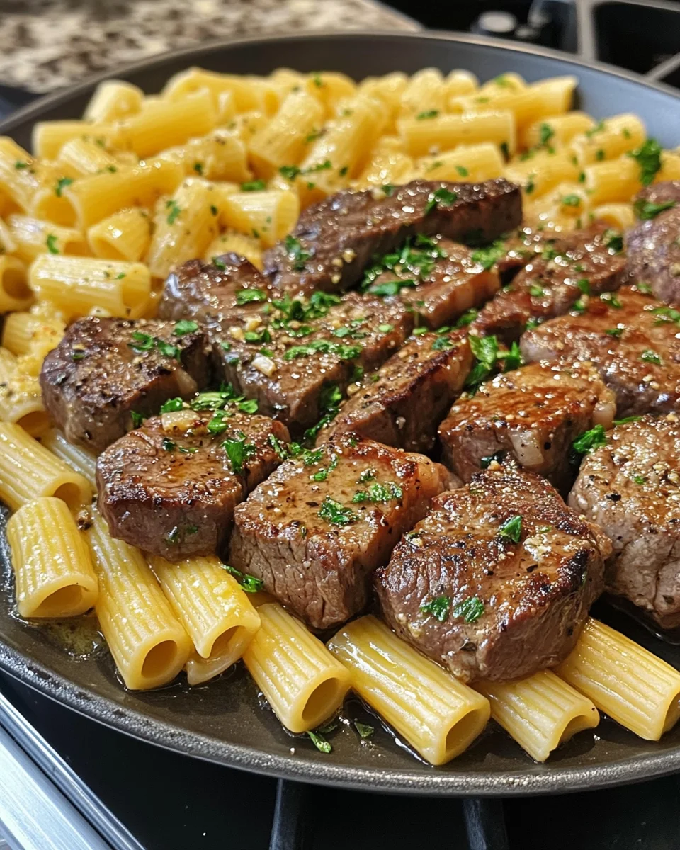 garlic butter steak tips with cheesy rigatoni