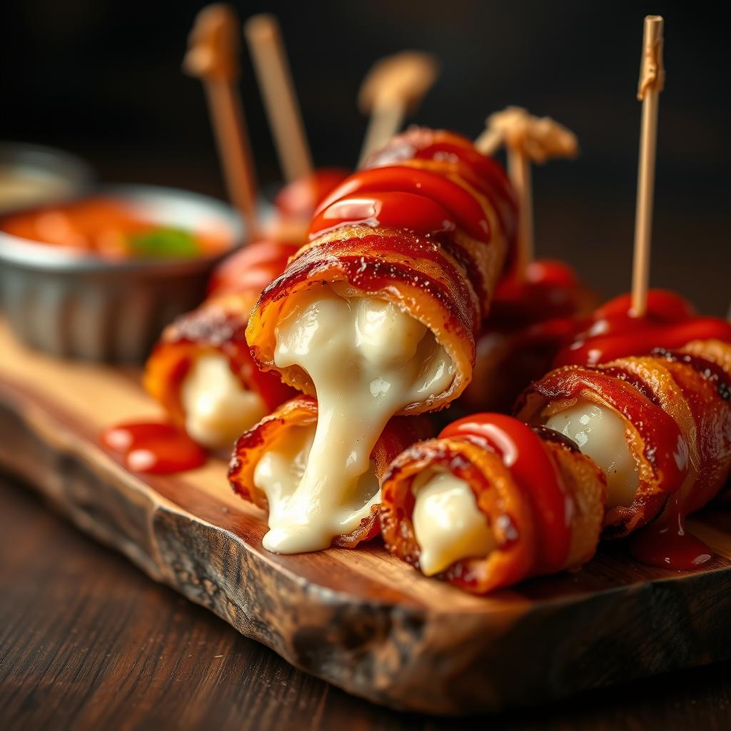Nashville Hot Bacon Wrapped Mozzarella Sticks Presentation