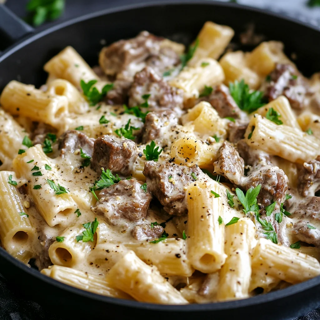 Beef With Pasta in Creamy Garlic Sauce