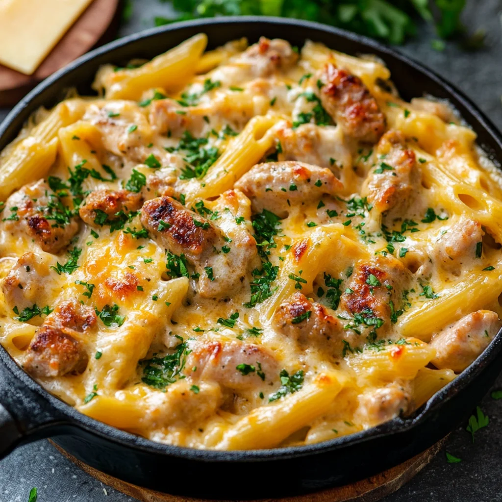 One-Pan Creamy Cheddar Garlic Chicken and Sausage Pasta