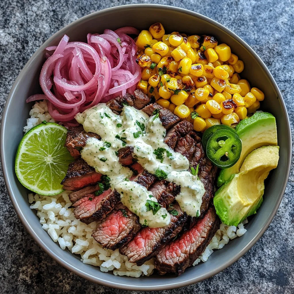 Steak, Avocado, and Roasted Corn Bowl with Cilantro Cream Sauce