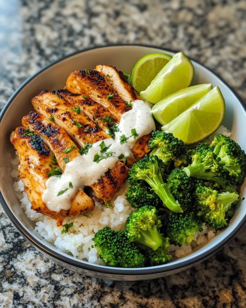 Grilled Chicken Broccoli Bowls with Garlic Sauce