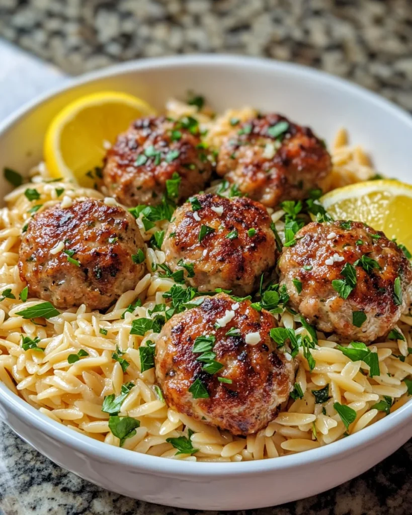 Greek Chicken Meatballs with Lemon Orzo