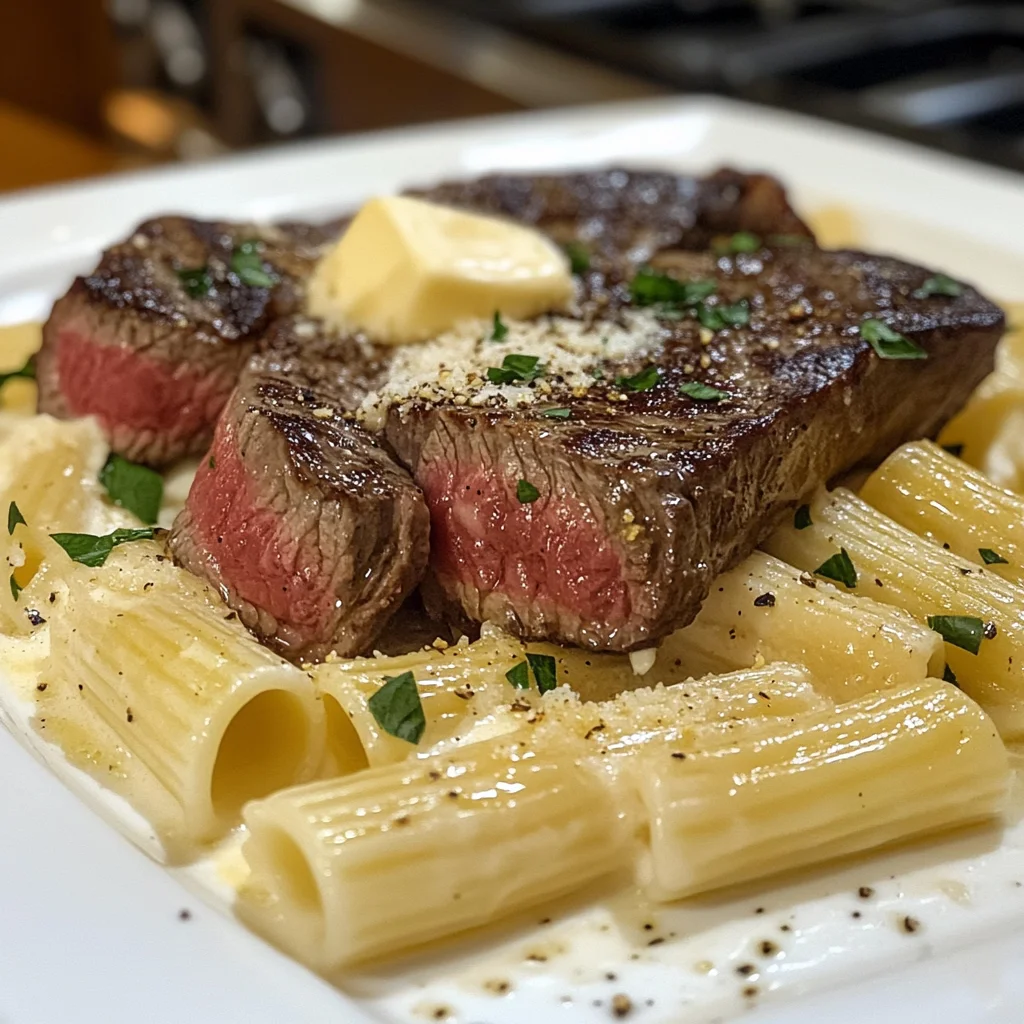 Garlic Butter Steak with Creamy Parmesan Rigatoni
