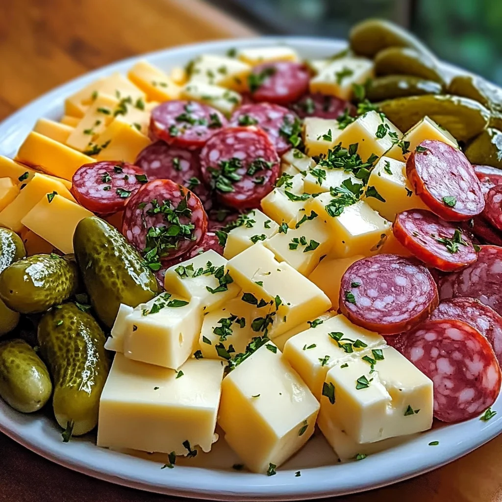 Marinated Cheese Appetizer with Salami & Pickles