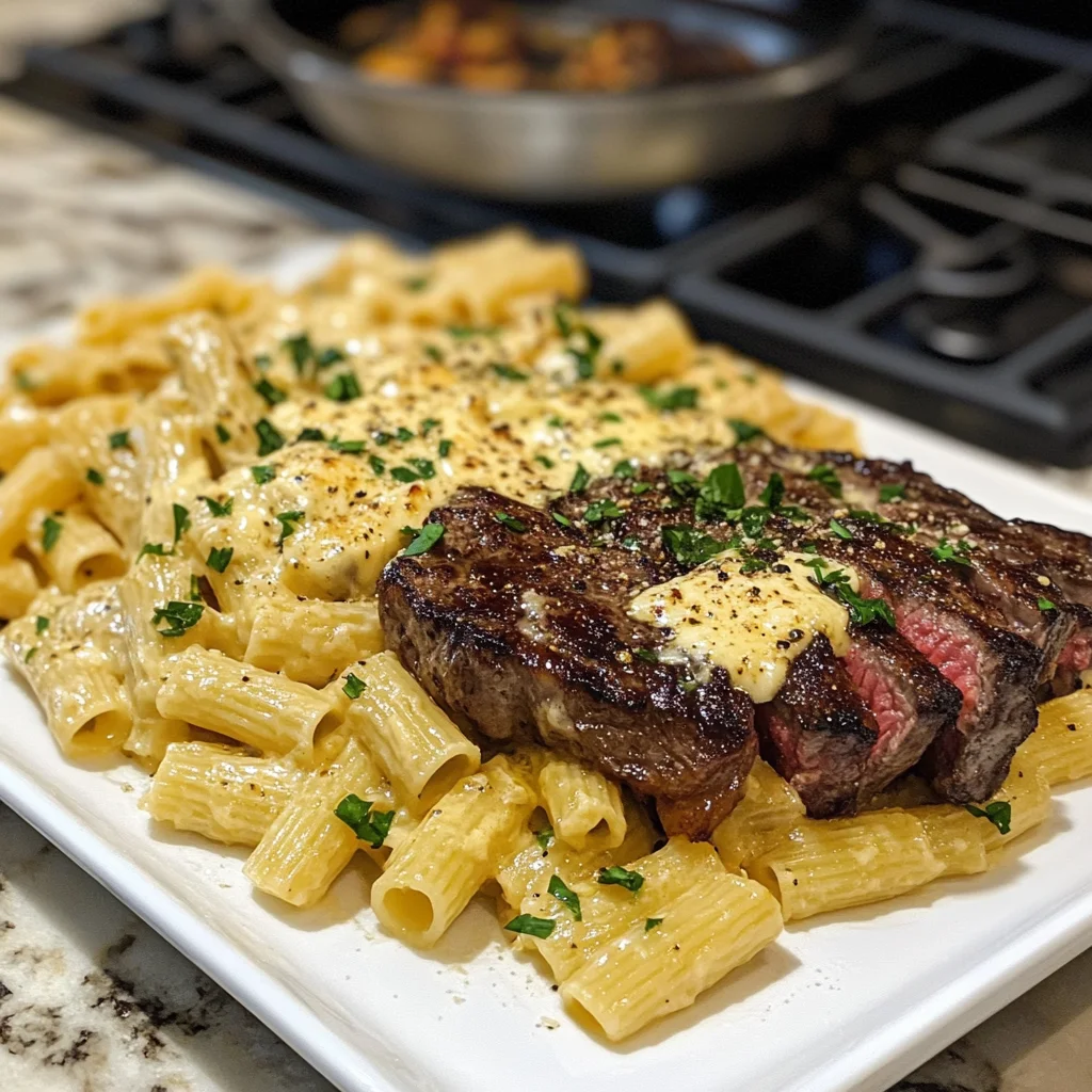 Garlic Butter Steak with Creamy Parmesan Rigatoni