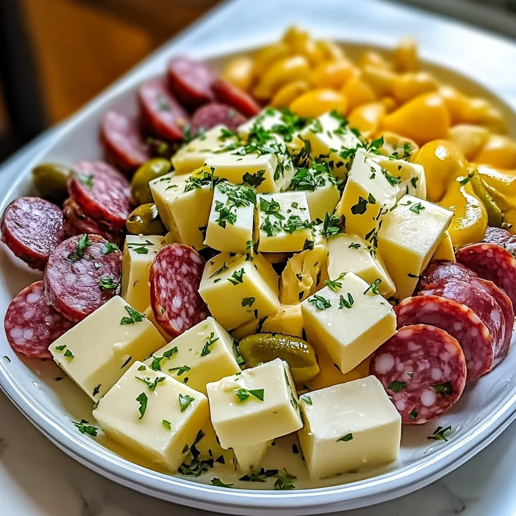 Marinated Cheese Appetizer with Salami & Pickles