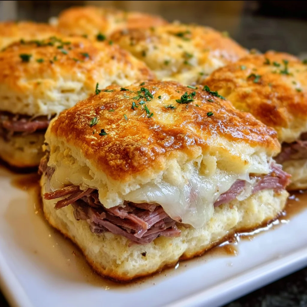 Baked French Dip Biscuits Recipe | Cheesy Roast Beef Sliders with Au Jus