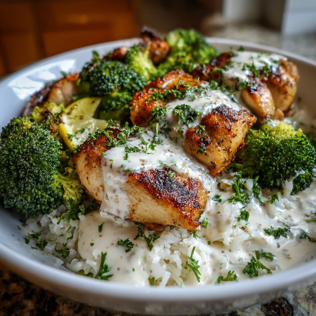 Grilled Chicken & Broccoli Bowls with Creamy Garlic Sauce – Healthy, Flavor-Packed, & Satisfying!
