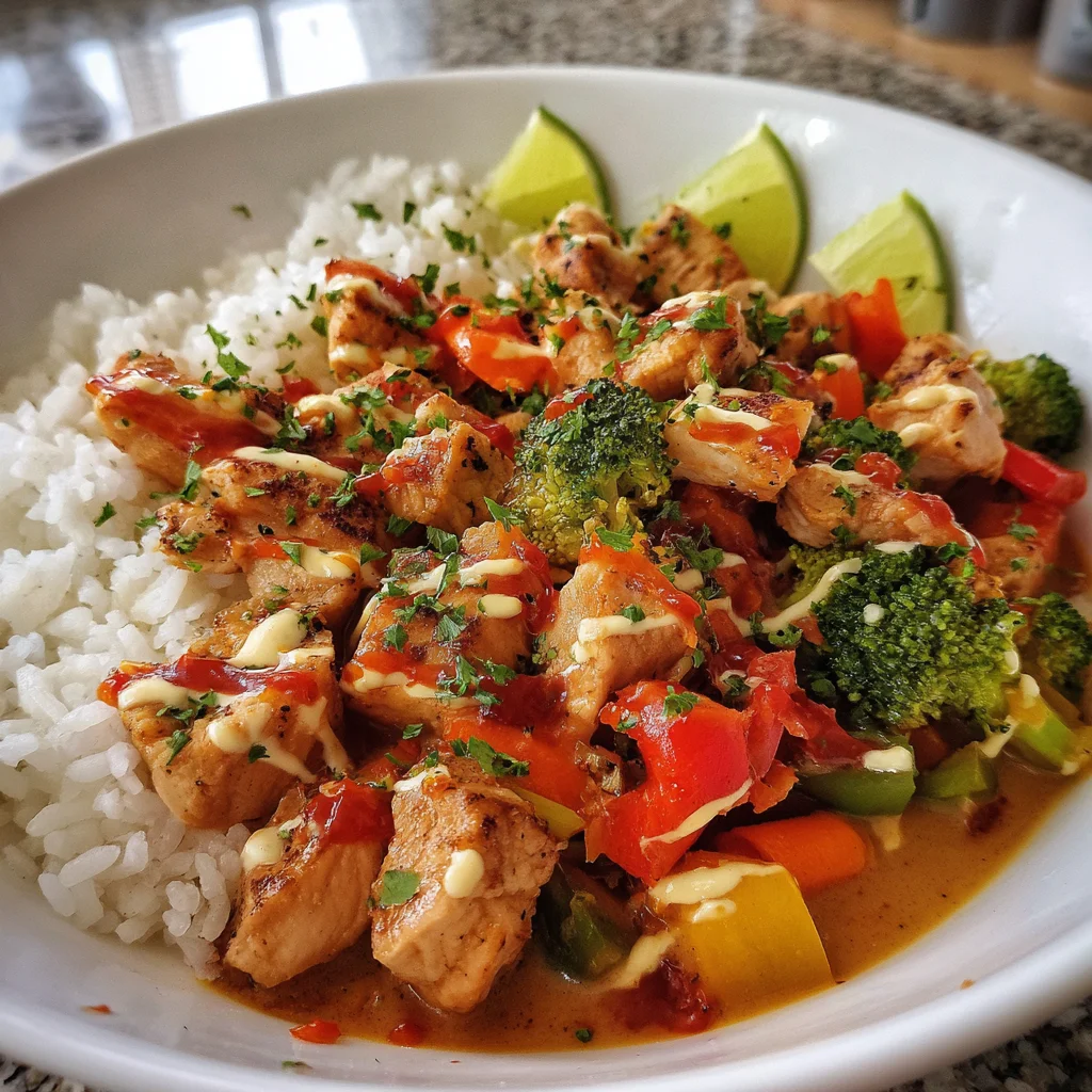 Sweet Chili Chicken Bowl with Coconut Lime Drizzle | Fresh, Spicy & Tropical-Inspired