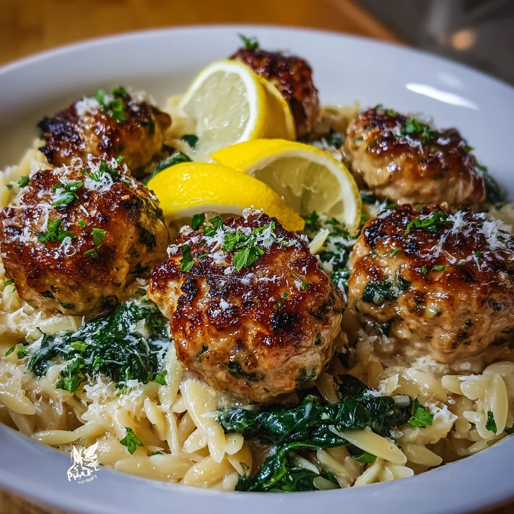 LEMONY CHICKEN RICOTTA MEATBALLS over GARLICKY SPINACH ORZO – A 30-Minute Taste of Italy!