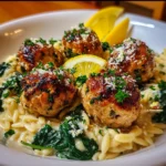 LEMONY CHICKEN RICOTTA MEATBALLS over GARLICKY SPINACH ORZO – A 30-Minute Taste of Italy!