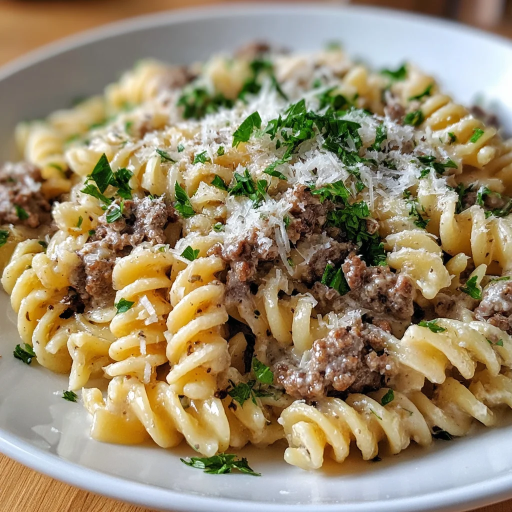 Beef and Rotini in Garlic Parmesan Sauce – Hearty, Cheesy & So Satisfying!