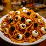 Bloody Spaghetti with Mozzarella Eyeballs – Creepy, Cheesy & Perfect for Halloween!