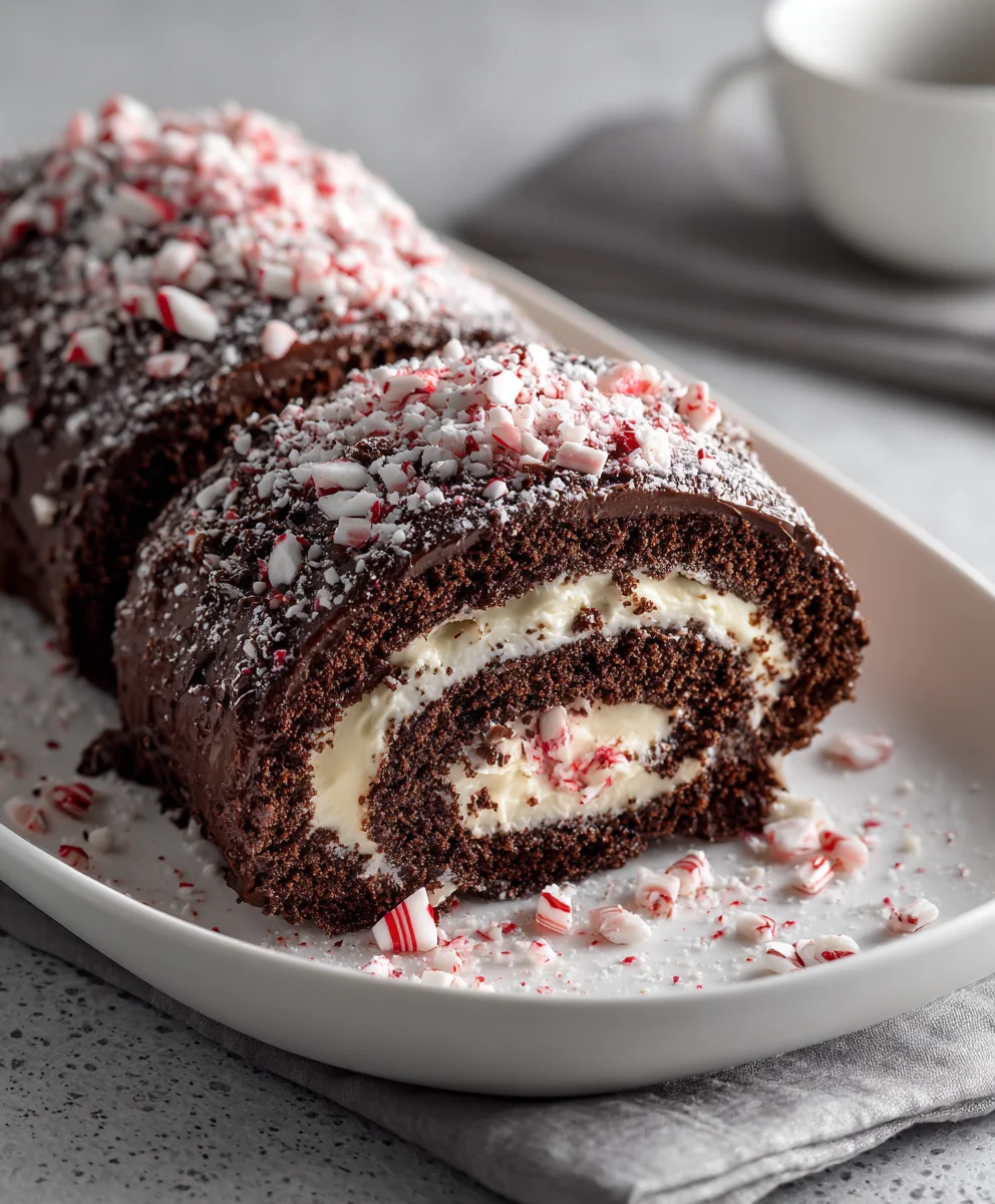Chocolate Peppermint Bark Roll Cake – Festive, Fudgy & Filled with Holiday Magic!