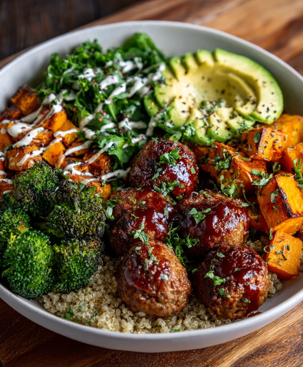 Barbecue Meatball Bowls with Avocado Goddess Sauce – Smoky, Creamy & Bowl-Licking Delicious!