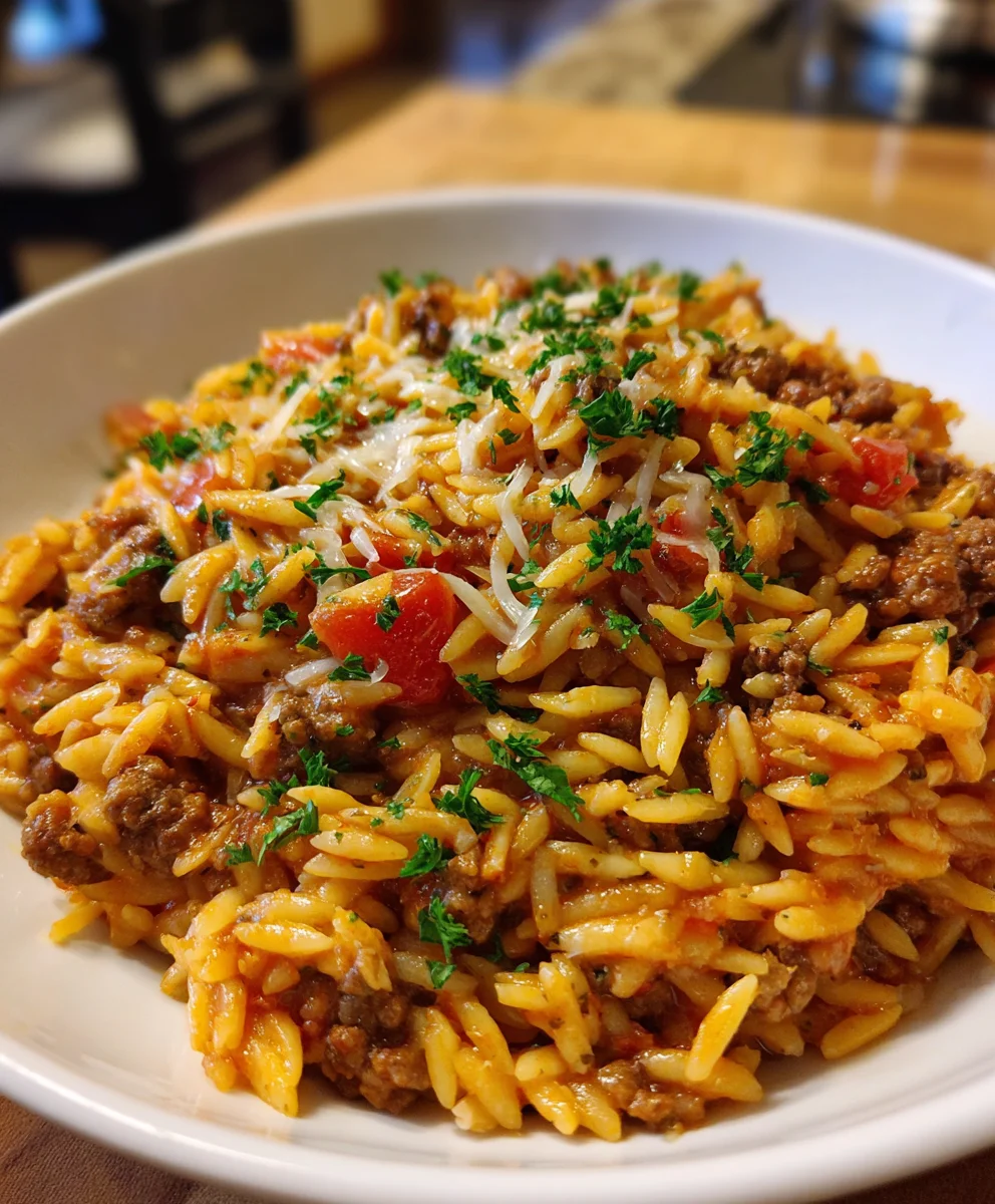 One-Pan Ground Beef Orzo Bake – Hearty, Cheesy & Weeknight-Perfect!