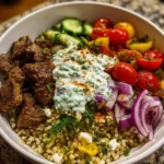 Mediterranean Beef Bowl with Herbed Yogurt Sauce – Fresh, Savory & Perfectly Balanced!