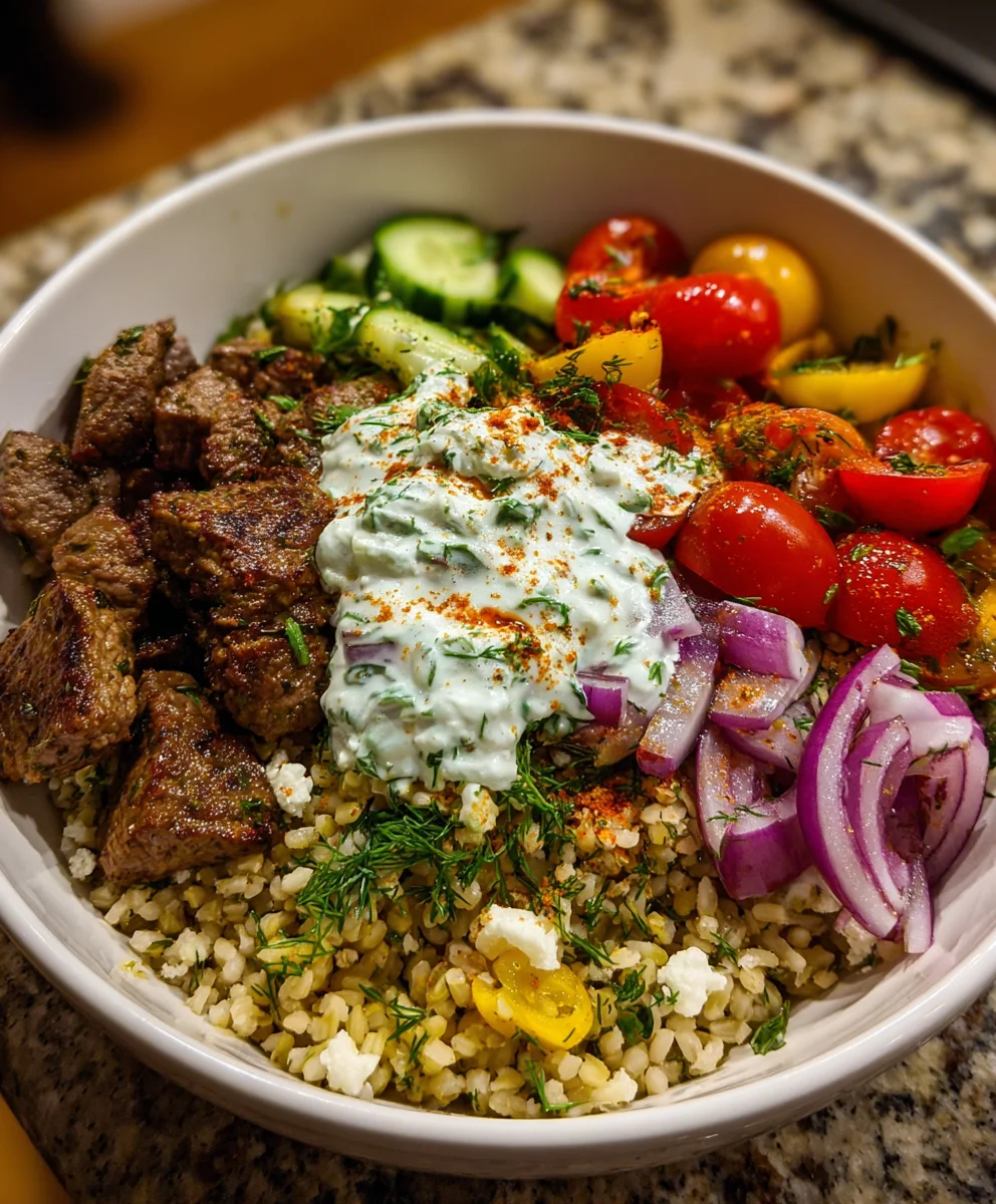 Mediterranean Beef Bowl with Herbed Yogurt Sauce – Fresh, Savory & Perfectly Balanced!