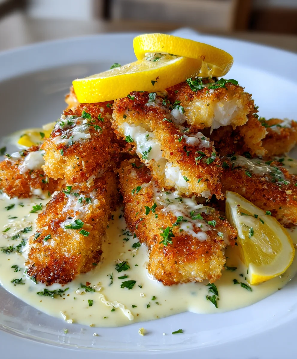 Garlic Herb Cod Strips with Creamy Lemon Sauce – Light, Zesty & Irresistibly Savory!