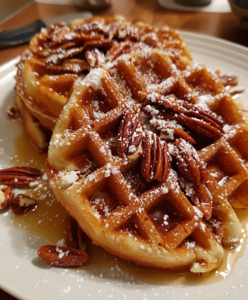 Crispy Pecan Waffles with Maple Drizzle – Golden, Crunchy & Breakfast Bliss