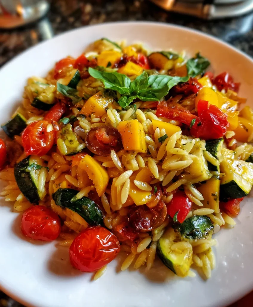 Orzo with Roasted Vegetables and Pesto – Fresh, Flavorful & Perfectly Light!