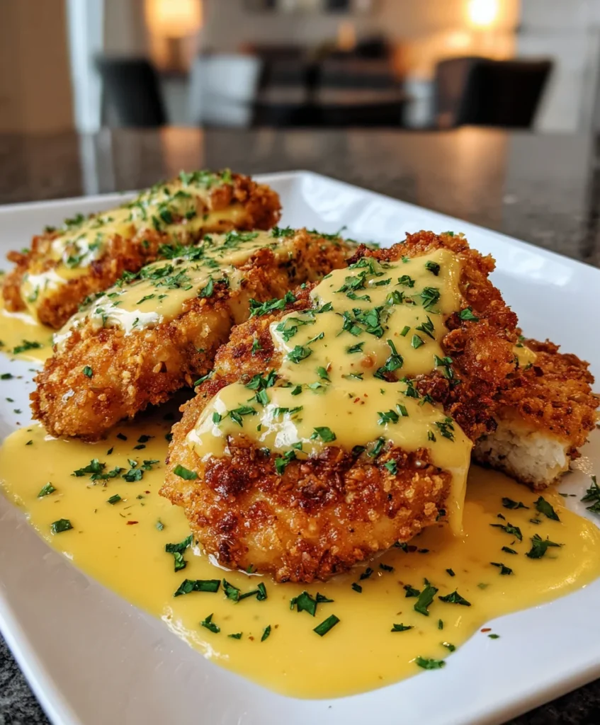 Pretzel-Crusted Chicken with Creamy Mustard Cheddar Sauce – Crunchy, Cheesy & Packed with Flavor!