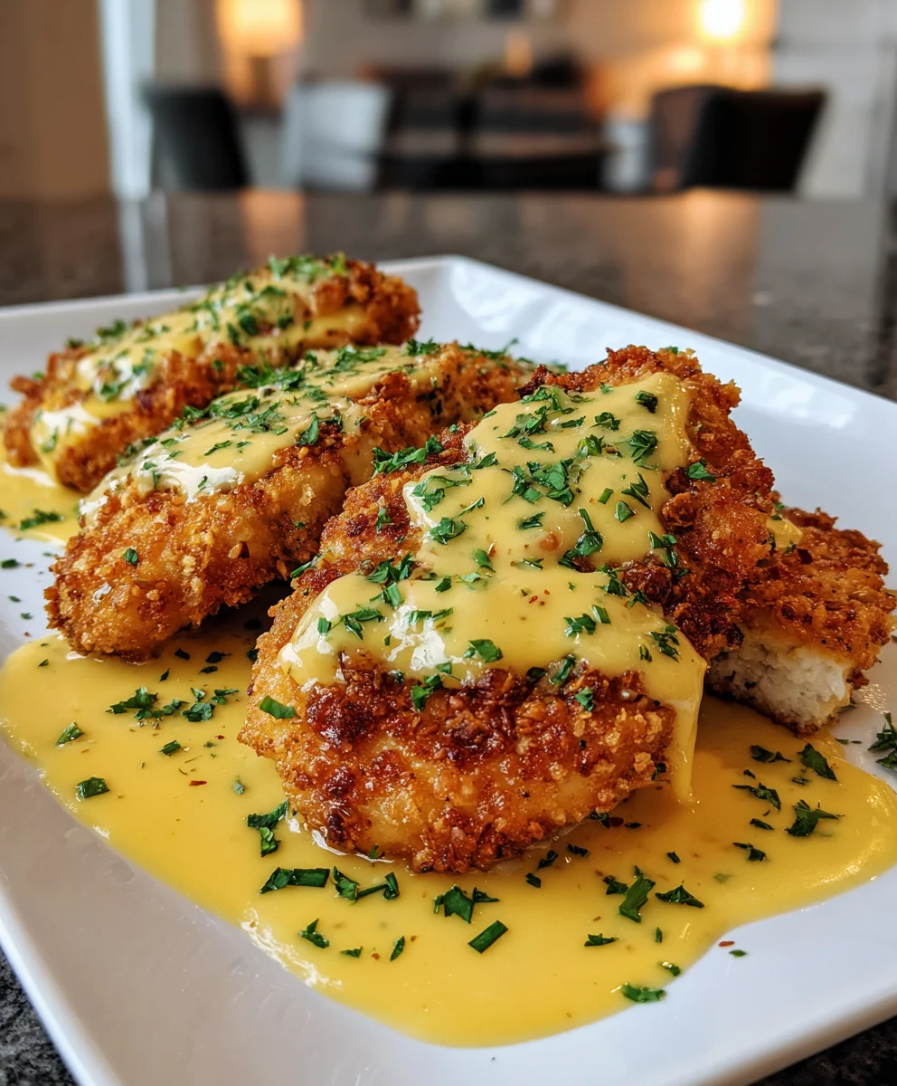 Pretzel-Crusted Chicken with Creamy Mustard Cheddar Sauce – Crunchy, Cheesy & Packed with Flavor!