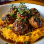 Pork Meatballs with Sweet Potato Mash & Bourbon-Maple Sauce