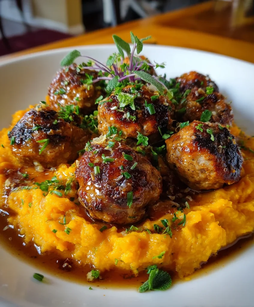 Pork Meatballs with Sweet Potato Mash & Bourbon-Maple Sauce