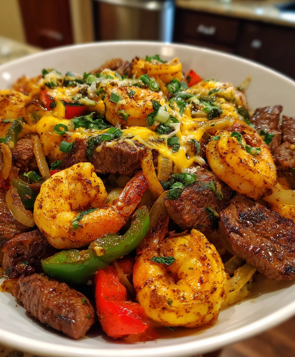 Cheesy Steak & Shrimp Skillet Bowl – Savory, Juicy & Loaded with Flavor!