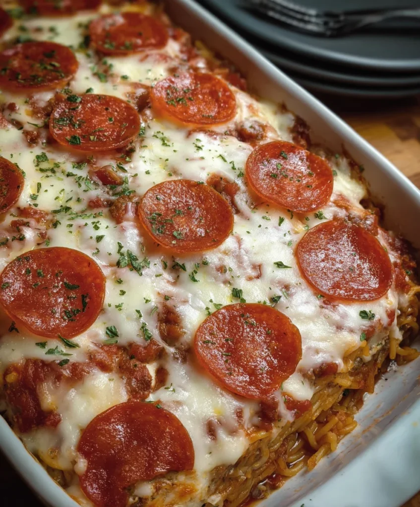 Spaghetti Pizza Casserole – Cheesy, Saucy & Loaded with Pizza Night Flavor!