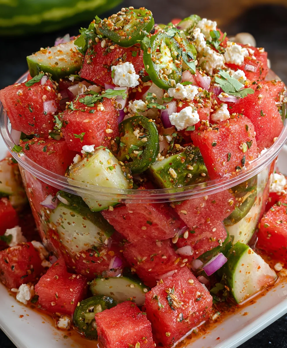 Watermelon Tajín Pickle Crunch Cups – Sweet, Tangy & Packed with Bold Crunchy Flavor!