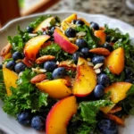 Summer Peach Blueberry Kale Salad – Fresh, Colorful & Bursting with Sweet Summer Flavor!Summer Peach Blueberry Kale Salad Ingredients: For the salad: 2 bunches of kale, (leaves cut off the stem & chopped into bite-sized pieces) 3-4 fresh peaches, pitted & diced 1 cup blueberries ¼ cup pepitas 1 lemon (for massaging the kale) Olive oil (for massaging the kale) For the lemon vinaigrette: 4 lemons, juiced 2 Tbsp + 2 tsp honey ¼ cup olive oil* Cracked black pepper, to taste Instructions: Toast the pepitas. Preheat the oven to 375 degrees and line a baking pan with parchment paper. Spread the pepitas out in an even layer on the pan and toast in the oven for 5-6 minutes. (The pepitas will have a nutty aroma and should be lightly golden once done.) Set them aside to cool completely. Make the vinaigrette. Whisk the lemon juice, honey, olive oil and black pepper together in a small bowl or jar. Keep the vinaigrette stored in the refrigerator while you prepare the rest of the salad. Massage the kale. Cut the kale leaves off the stems and chop them into bite-size pieces. Add the leaves to a large bowl, add a splash of olive oil and squeeze 1 lemon over the leaves. Use your hands to massage the kale until the leaves begin to soften and shrink in size (about 5 minutes). (Kale leaves are VERY sturdy so don’t be afraid to really manhandle them – we want to soften the leaves making them easier to digest.) Prepare the rest of the ingredients. Rinse the peaches then cut them into bite-size pieces. Rince and dry the blueberries then set them aside. Toss. Add the diced peaches and blueberries to the bowl with your kale and drizzle your desired amount of vinaigrette over the top. Toss until the salad is coated to your liking. Serve! Spoon the salad into individual bowls and garnish each bowl with toasted pepitas right before serving.