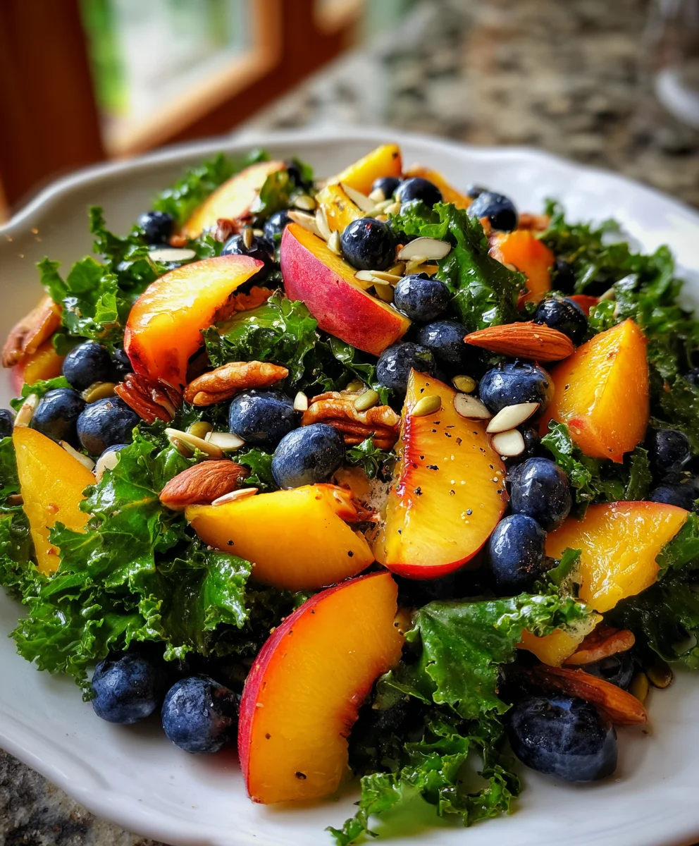 Summer Peach Blueberry Kale Salad – Fresh, Colorful & Bursting with Sweet Summer Flavor!Summer Peach Blueberry Kale Salad Ingredients: For the salad: 2 bunches of kale, (leaves cut off the stem & chopped into bite-sized pieces) 3-4 fresh peaches, pitted & diced 1 cup blueberries ¼ cup pepitas 1 lemon (for massaging the kale) Olive oil (for massaging the kale) For the lemon vinaigrette: 4 lemons, juiced 2 Tbsp + 2 tsp honey ¼ cup olive oil* Cracked black pepper, to taste Instructions: Toast the pepitas. Preheat the oven to 375 degrees and line a baking pan with parchment paper. Spread the pepitas out in an even layer on the pan and toast in the oven for 5-6 minutes. (The pepitas will have a nutty aroma and should be lightly golden once done.) Set them aside to cool completely. Make the vinaigrette. Whisk the lemon juice, honey, olive oil and black pepper together in a small bowl or jar. Keep the vinaigrette stored in the refrigerator while you prepare the rest of the salad. Massage the kale. Cut the kale leaves off the stems and chop them into bite-size pieces. Add the leaves to a large bowl, add a splash of olive oil and squeeze 1 lemon over the leaves. Use your hands to massage the kale until the leaves begin to soften and shrink in size (about 5 minutes). (Kale leaves are VERY sturdy so don’t be afraid to really manhandle them – we want to soften the leaves making them easier to digest.) Prepare the rest of the ingredients. Rinse the peaches then cut them into bite-size pieces. Rince and dry the blueberries then set them aside. Toss. Add the diced peaches and blueberries to the bowl with your kale and drizzle your desired amount of vinaigrette over the top. Toss until the salad is coated to your liking. Serve! Spoon the salad into individual bowls and garnish each bowl with toasted pepitas right before serving.