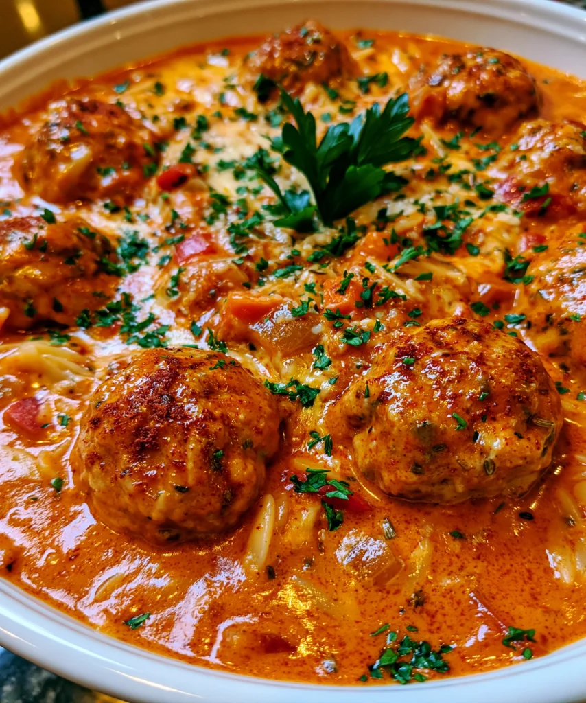 Creamy Tomato Orzo Soup with Chicken Meatballs – Cozy, Creamy & Packed with Comfort!