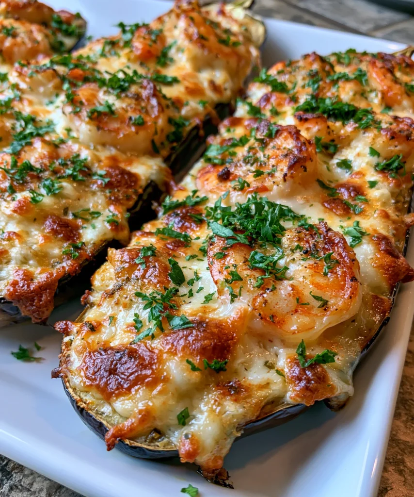 Garlic Parmesan Shrimp Stuffed Eggplant Boats – Cheesy, Buttery & Packed with Coastal Flavor!