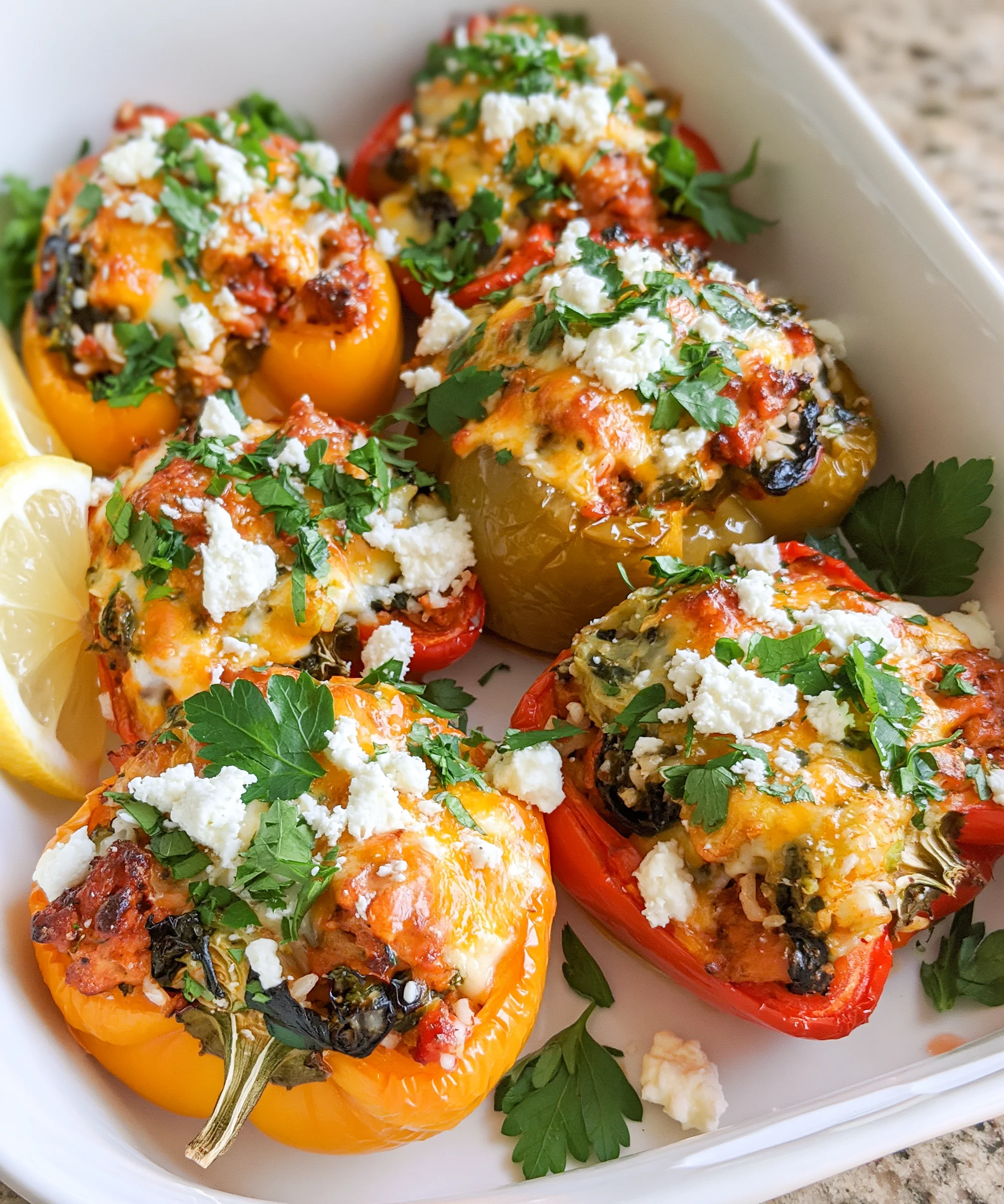 Baked Greek Stuffed Peppers with Chicken – Fresh, Flavorful & Packed with Mediterranean Goodness!