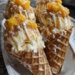 Peach Cobbler Cheesecake Cones – Creamy, Crunchy & Bursting with Sweet Peach Flavor!