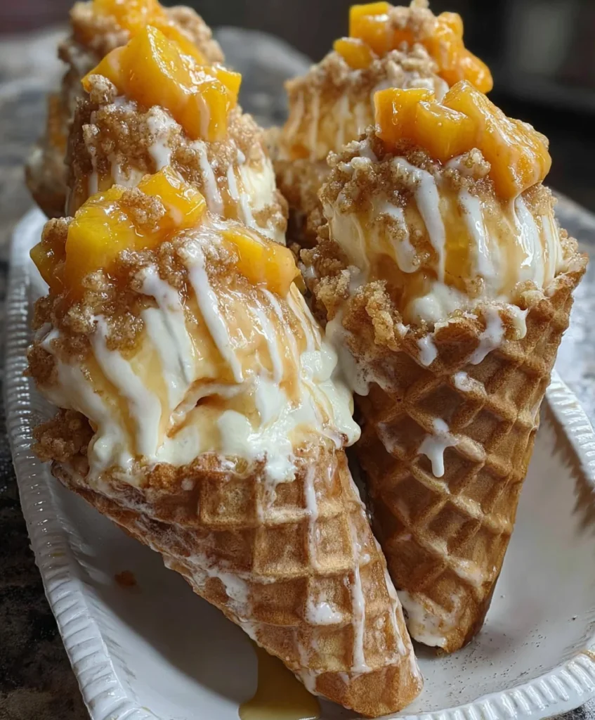Peach Cobbler Cheesecake Cones – Creamy, Crunchy & Bursting with Sweet Peach Flavor!