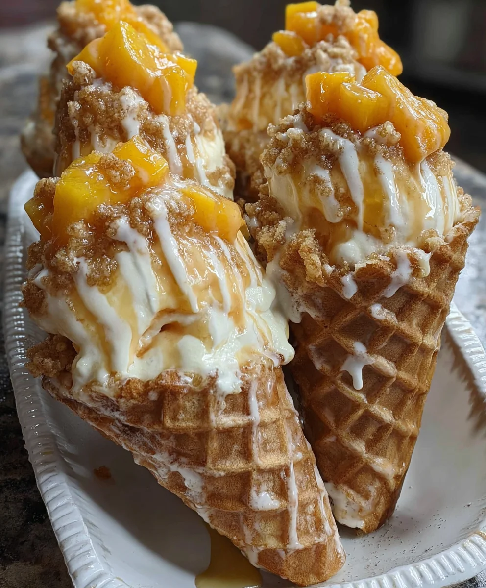 Peach Cobbler Cheesecake Cones – Creamy, Crunchy & Bursting with Sweet Peach Flavor!
