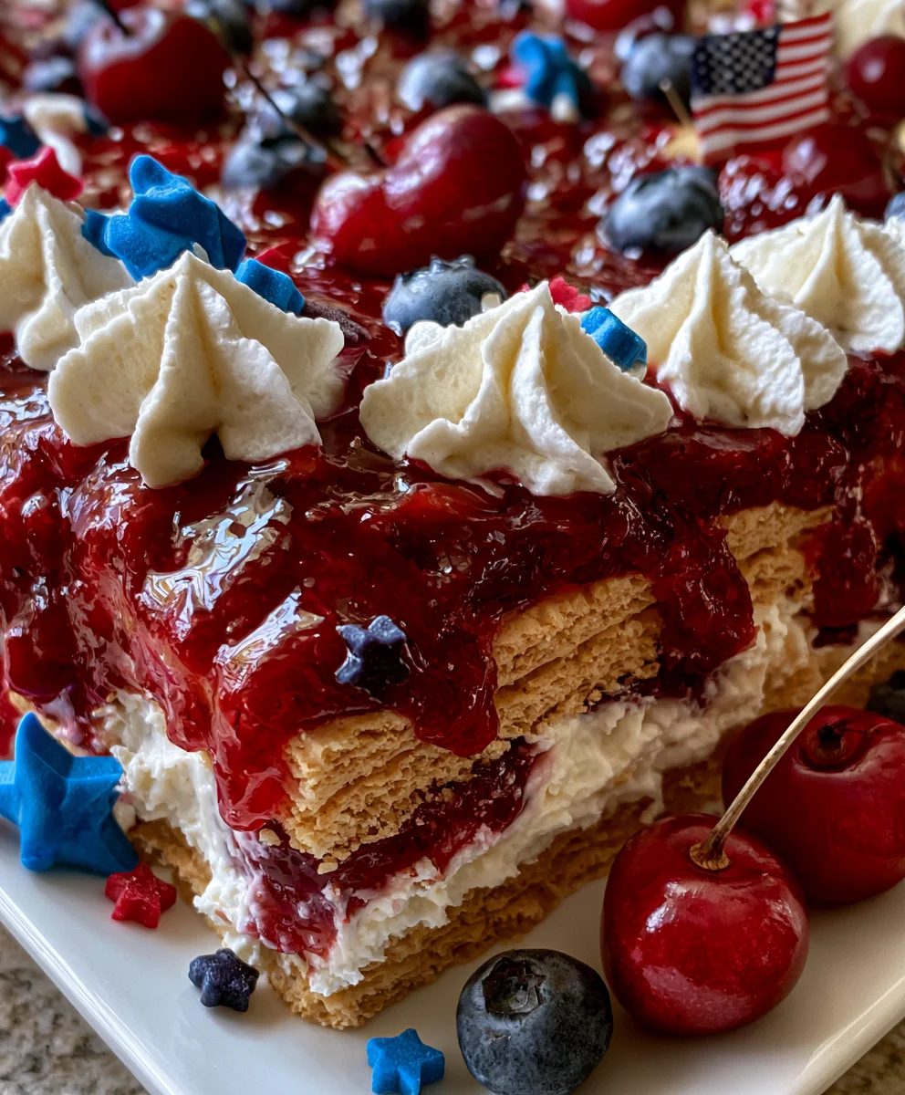 No-Bake 4th of July Cherry Cheesecake Icebox Cake – Creamy, Festive & Perfect for Summer!