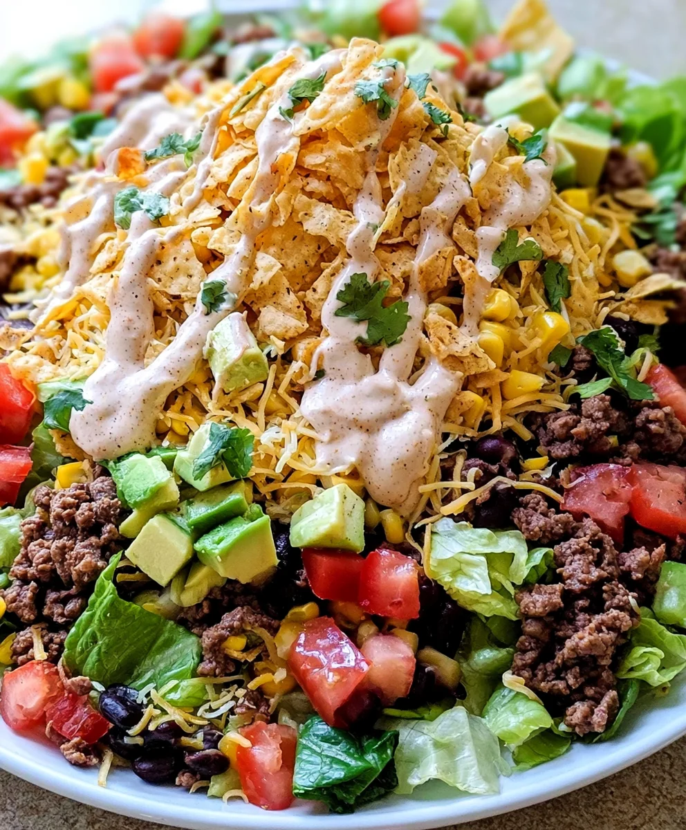 Loaded Ground Beef Taco Salad with Creamy Lime Cilantro Dressing – Fresh, Hearty & Bursting with Tex-Mex Flavor!