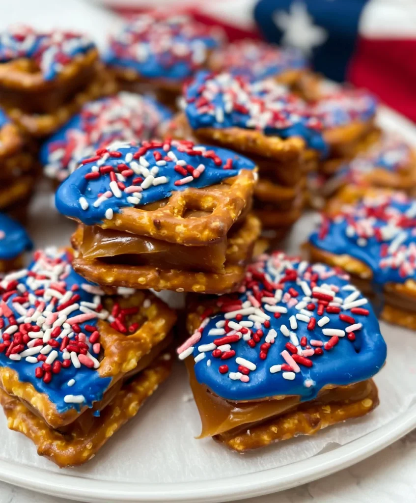 4th of July Caramel Pretzel Sandwiches – Sweet, Salty & Perfectly Festive!