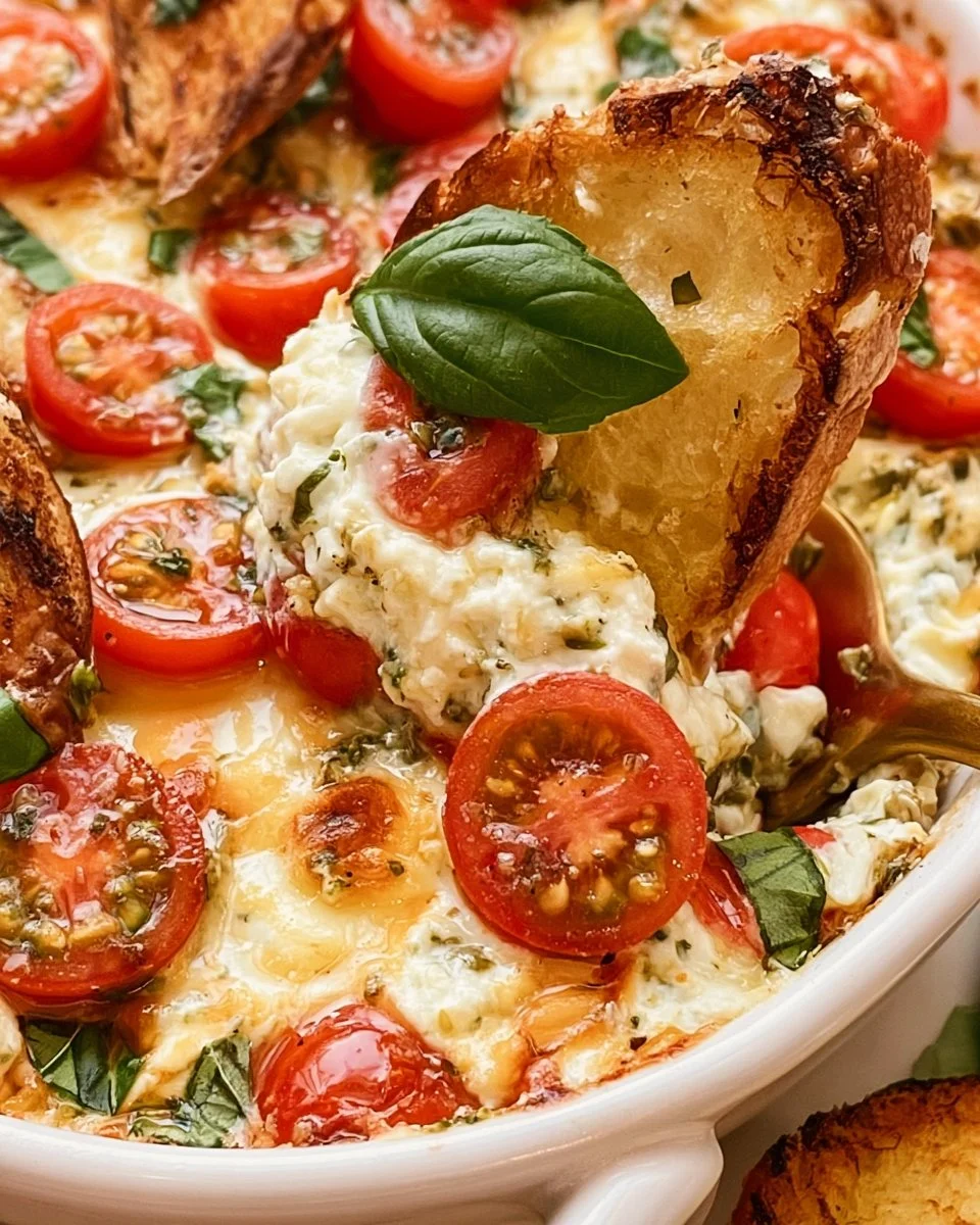 Delicious Caprese Dip made with fresh tomatoes, mozzarella, and basil.
