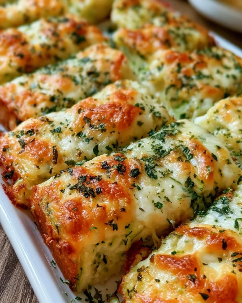Cheesy zucchini breadsticks on a plate, garnished with herbs