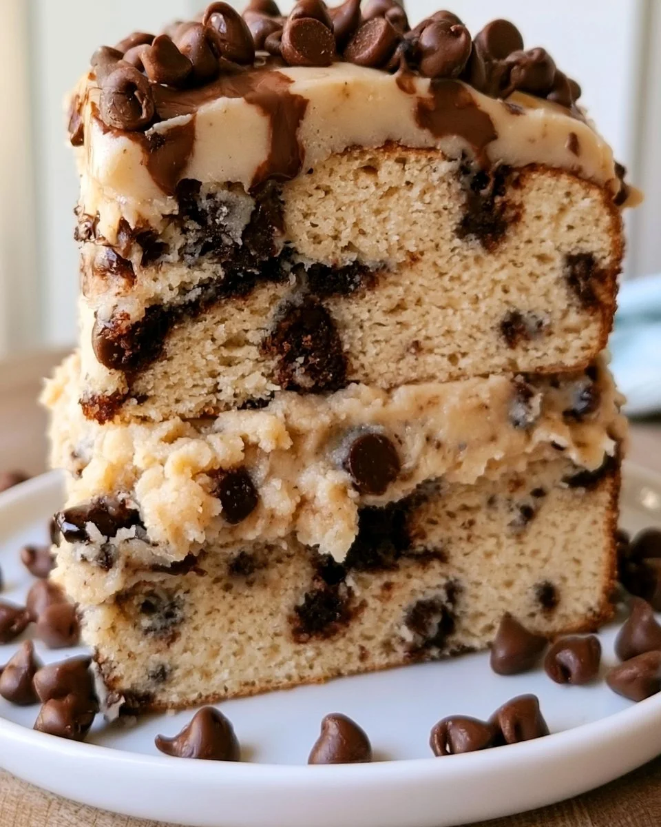 Delicious chocolate chip cookie dough cake with layers of creamy frosting and cookie pieces.