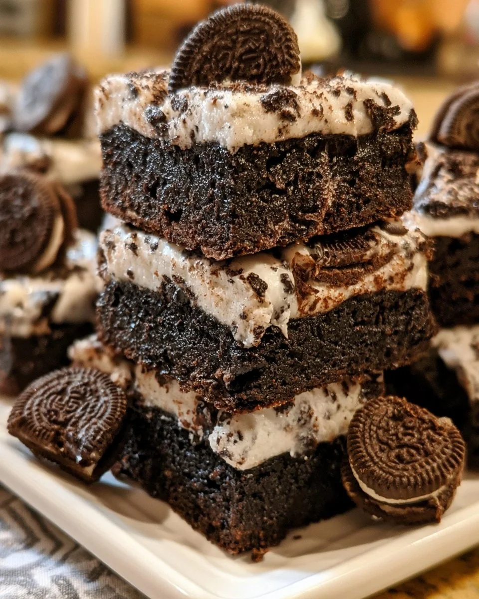 Delicious Cookies and Cream Brownies topped with cookie crumbles and chocolate.
